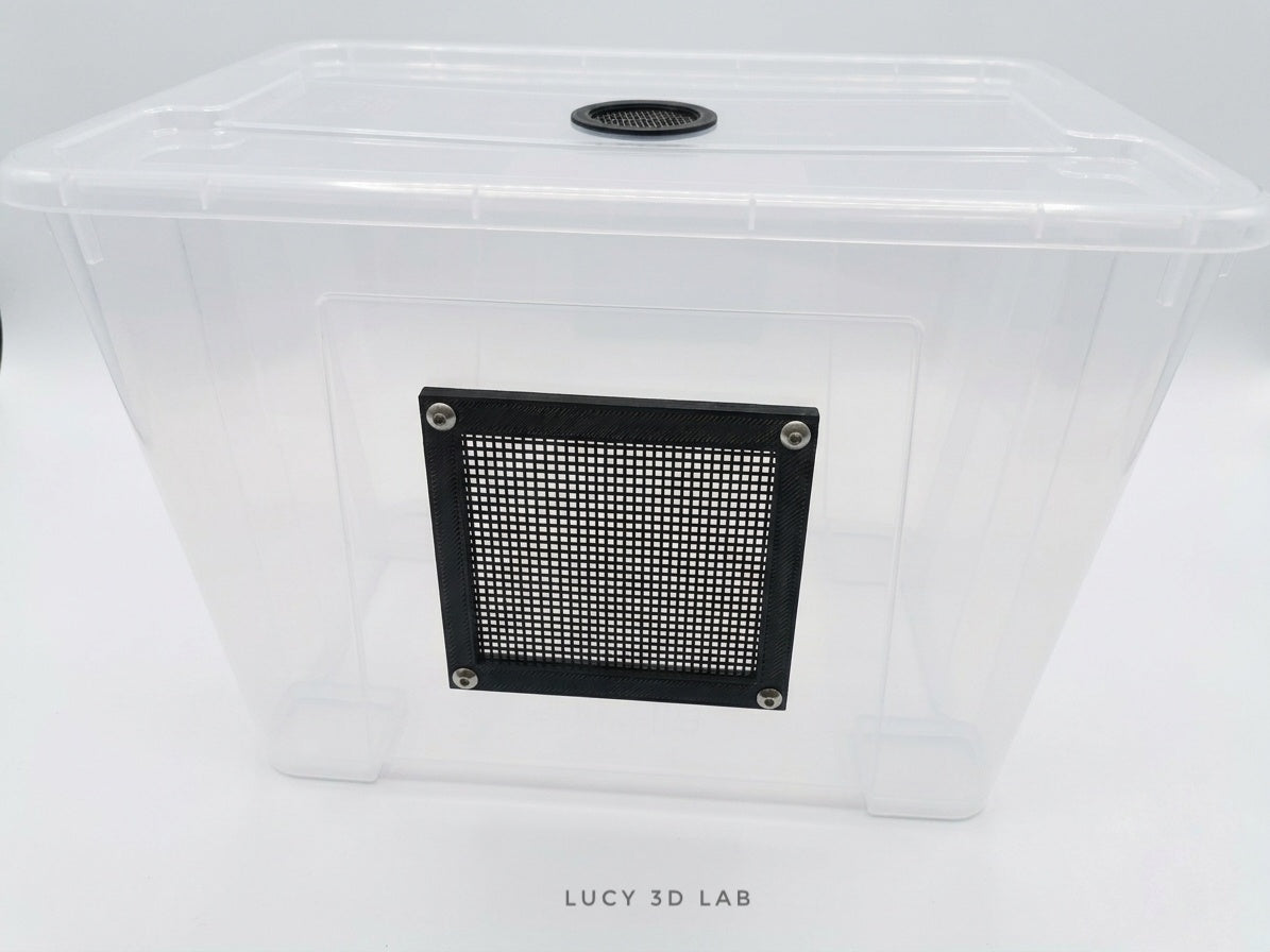 Modified Box 39 × 28 × 28h cm with Plastic Mesh, Air Vent, and Clips (22 L Samla base) – Lucy 3D Lab