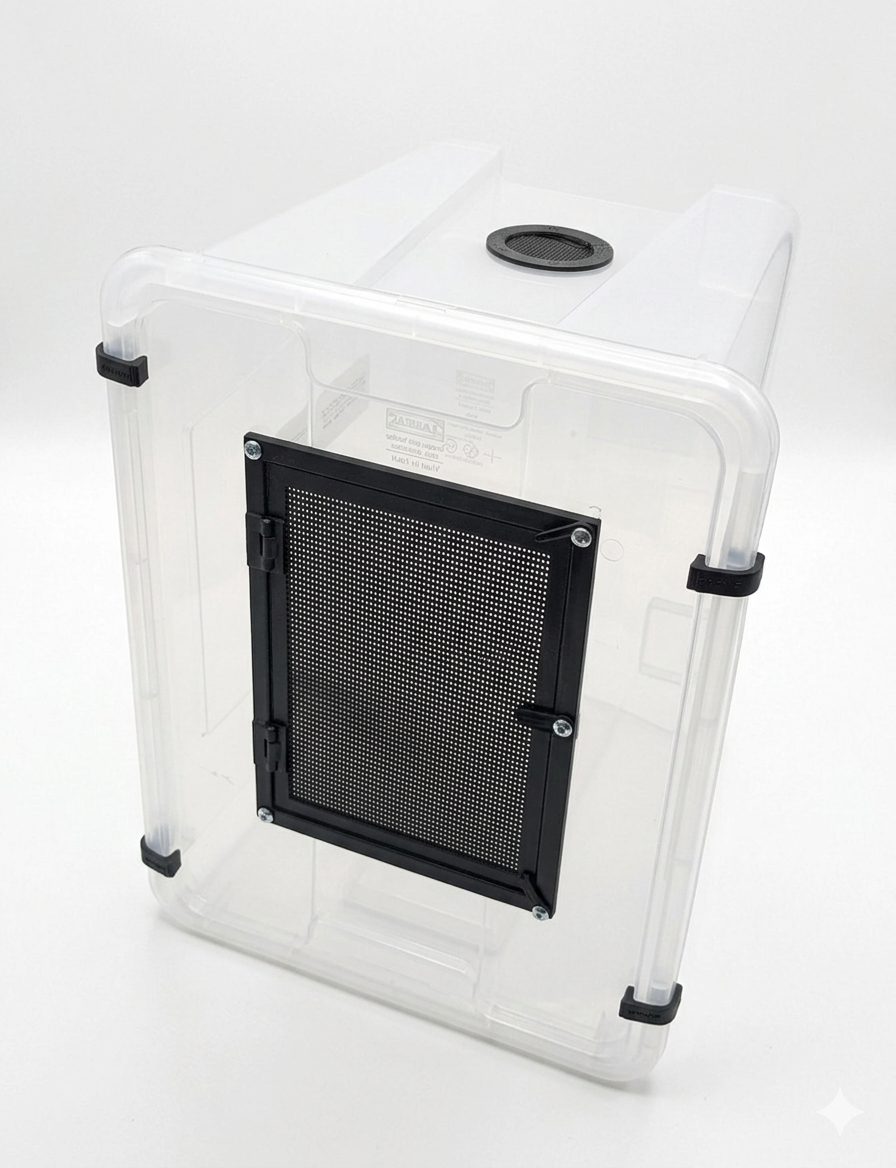 Modified Vertical Box 28 × 28 × 39h cm with Front Door with Plastic Mesh, Air Vent and Clips (Samla 22 L base) – Lucy 3D Lab